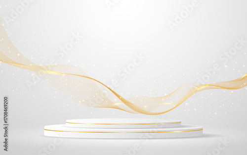 Multi-layered white podium with elegant gold wave lines on the back for product presentation. Display of cosmetic products. Stage or podium. vector illustration	