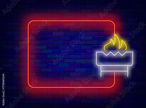 Barbecue party neon invitation. Grill bar. Special offer. Empty red frame and grill pan. Vector stock illustration