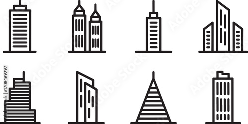 Skyscraper Outline Icons Set Modern Architecture Buildings Design Vector Illustration Isolated