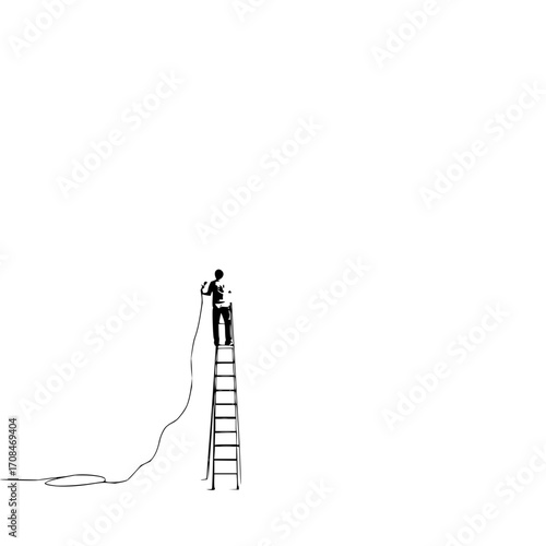 Man on ladder spray painting wall art black and white minimalist home improvement diy project silhouette design