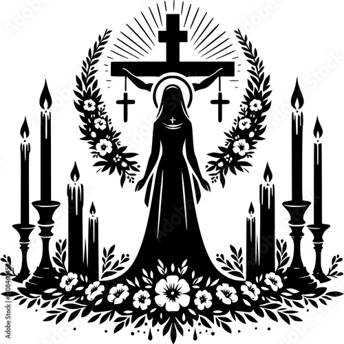 Sacred Serenity: A monochromatic illustration depicts a serene spiritual scene, with a central female figure flanked by lit candles, a cross, and floral elements.