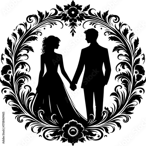 Love's Embrace: Silhouette of a Bride and Groom in an Elegant Floral Frame. A silhouette captures the timeless romance of a wedding, the bride and groom holding hands within a delicate.