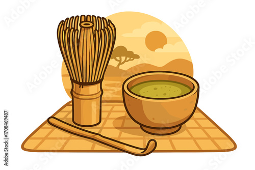 Japanese matcha tea ceremony set with bamboo whisk chasen, chawan bowl, and chashaku scoop. Traditional asian green tea preparation for relaxation and zen culture concept.