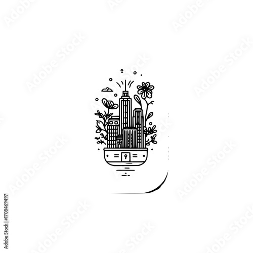 Cityscape with flowers vector illustration urban nature design skyline drawing environment concept graphic art 100