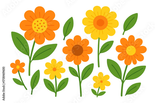 Set of cute cartoon flowers. Cheerful flat vector floral elements. Bright orange and yellow daisy, chamomile collection. Simple spring, summer garden blooms with leaves. Botanical illustration.