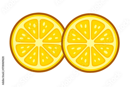Two lemon slices vector flat illustration. Fresh citrus fruit cut in half. Juicy yellow lemon icon for lemonade, food, and drink design. Healthy organic vitamin c concept.