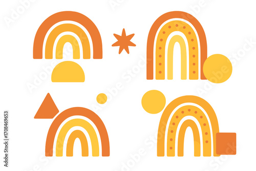 Boho rainbow collection. Abstract minimalist rainbows and geometric shapes in warm yellow and orange colors. Modern scandinavian style art for nursery decor, baby shower.