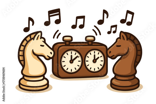Chess game with knights and clock. Metaphor for competitive strategy, thinking and rivalry. The rhythm of deep thought with musical notes. Vector cartoon illustration.