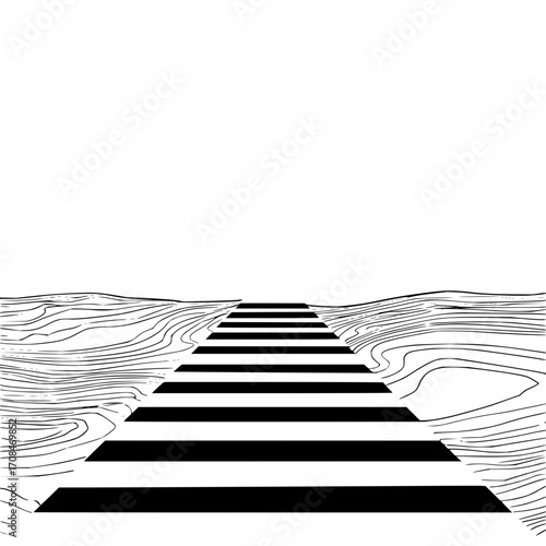 Illustration of black and white striped path leading to horizon line art design drawing landscape view