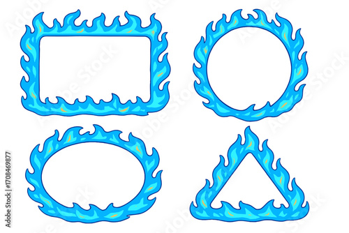 Set of blue flame frames in various geometric shapes. Vector cartoon illustration collection of fire borders. Circle, square, triangle, and oval. Hot gas fire concept.