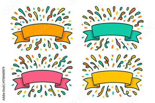 Confetti burst celebration banner ribbon set. Vector doodle illustration for party event. Colorful holiday label frame. Empty birthday text space. Decorative festive element.