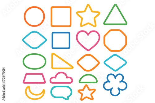 Outline geometric and organic shapes vector set, colorful borders collection, cartoon star heart cloud moon speech bubble square triangle, abstract forms, kids education design, transparent background