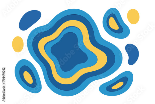 Abstract paper cut background. 3D multilayered wavy shapes. Fluid art design with yellow and blue colors. Modern vector banner template for presentation, cover, poster.