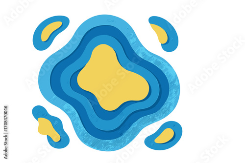 Abstract background with paper cut effect. Modern vector illustration with fluid organic shapes in blue and yellow. Topographic map style design for poster, web banner, cover.