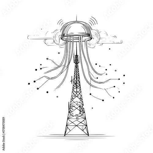 Telecommunication tower with antenna and cloud connection for wireless communication network technology