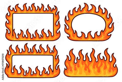 Set of creative flame border designs for graphic projects. Vector cartoon illustration of fiery frames. Hot fire blaze elements, isolated decorative burning effect set.