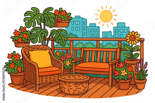 Cozy balcony garden with patio furniture in a sunny urban setting. Vector cartoon of a terrace with vibrant plants, flowers and a city view. Home exterior concept.