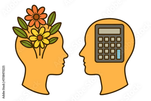 Contrast between creative and analytical thinking. Vector of two head silhouettes, one with flowers for nature and emotion, the other with a calculator for logic and math.