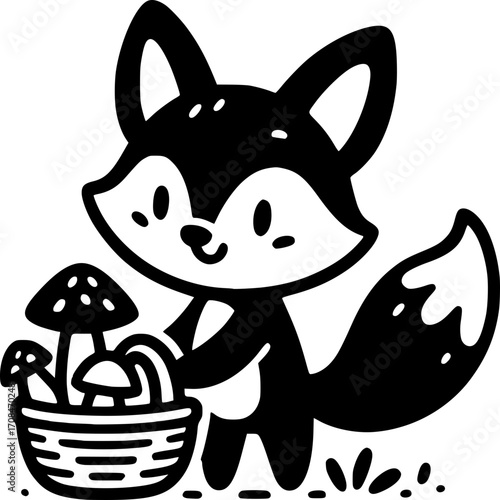 Playful fox with Mushroom Basket: A charming illustration of a playful fox holding a basket of mushrooms, the image is in high-contrast black and white. This image captures the joy of discovery