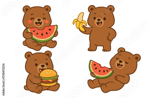 Cute bear character set eating summer food. Cartoon teddy collection with watermelon, banana, and burger. Vector illustration for kids. Playful and happy animal mascot.