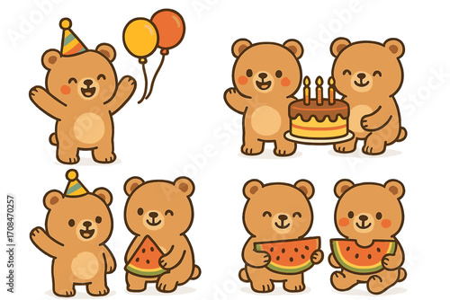 Cute cartoon bear character set for birthday celebration. Happy kawaii teddy bears with party hats, balloons, cake and watermelon slice. Vector animal illustration collection.