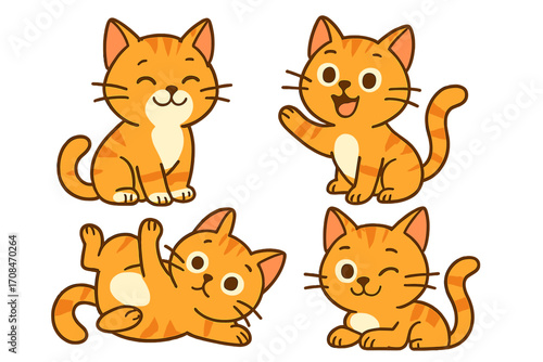Set of cute orange cat characters showing different poses and emotions. Ginger tabby kitten collection with playful expressions. Cartoon vector mascot illustration pack.