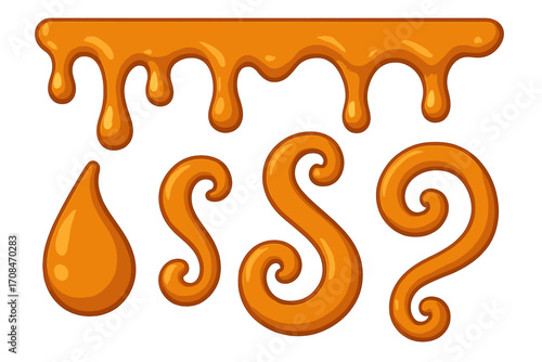 Caramel drip seamless border and splash drops. Sweet honey or syrup sauce topping for desserts. Golden liquid flow, swirl decoration elements set. Vector cartoon illustration isolated.