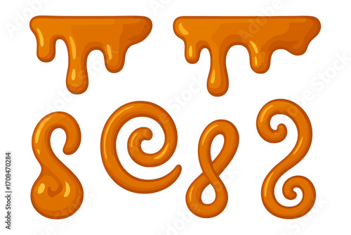 Caramel drip and swirls vector set. Golden honey or syrup sauce flowing for dessert design. Sweet decorative liquid food elements for cake or candy. Cartoon illustration.