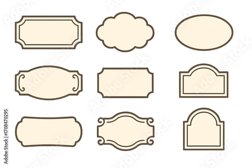 Set of decorative vintage frames for labels and signage. Retro classic border collection for tags, banners, or plaques. Minimalist flat vector illustration design element.