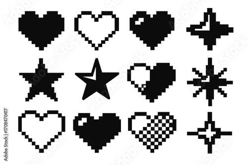 Retro pixel art hearts and stars icon set. Black and white 8-bit video game assets. Vector graphic elements for GUI design, love symbol, rating, and favorite marker.