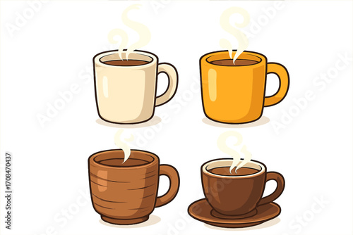 Set of different coffee mugs. Collection of various cups with hot steaming beverage. Vector cartoon illustration for cafe menu, breakfast, or cozy morning drink concept.