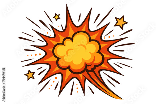 Comic book explosion. Cartoon pop art burst. Vector illustration of a boom or bang effect. Dynamic blast with fire cloud, stars and action lines. Energetic power and impact.