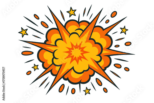 Comic book explosion, pop art bang. Cartoon bomb blast effect. Boom flash symbol for surprise or sale. Danger dynamite burst. Vector illustration isolated on white background.