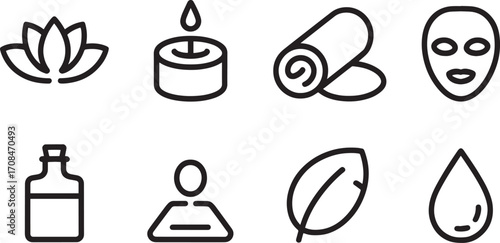 Wellness and Self-Care Icons Set Featuring Lotus, Candle, Towels, Mask, Oil, Person, Leaf, and Drop Symbols