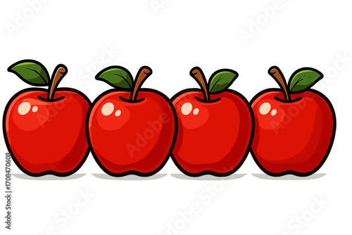 Four red apples in a row, fresh juicy fruit vector illustration. Healthy organic food concept for diet and vitamins. Simple cartoon icon set isolated on white background.