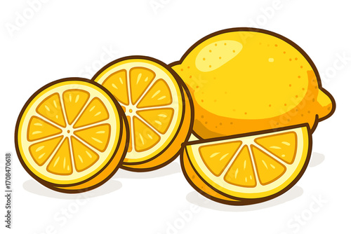 Fresh lemon fruit vector cartoon illustration. Whole citrus and juicy slices. Healthy food concept. Organic ingredient for lemonade and juice. Vitamin C rich fruit icon.