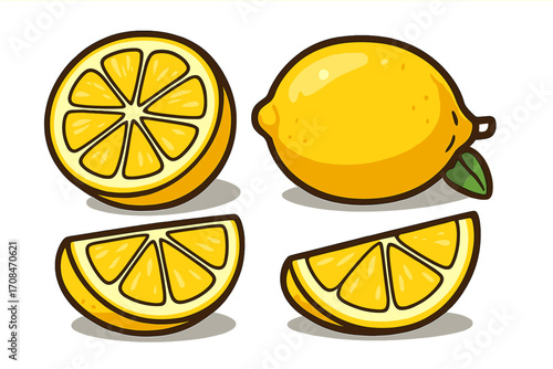 Vector cartoon lemon collection with whole fruit, slice, and wedges. Juicy yellow citrus graphic set for fresh food, lemonade, vitamin C, and healthy diet concepts.