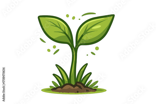 Green sprout with two leaves growing in spring. Concept of new beginnings, growth, and nature. Seedling plant in soil. Ecology and environment symbol. Vector cartoon illustration.