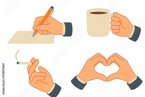 Hand gestures set. Writing signature on document, holding coffee mug, smoking cigarette, making heart love symbol. Vector cartoon illustration of business man daily activities.