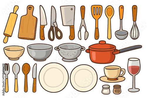 Kitchen utensils and cookware set for cooking. Vector collection of cartoon kitchenware icons. Pot, pan, knife, spoon, fork for food preparation. Culinary equipment illustration.