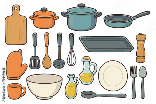 Kitchen utensils and cookware vector icon set. Cooking tools collection for culinary design. Pan, pot, spatula, spoon, plate. Food preparation and gastronomy graphic elements.
