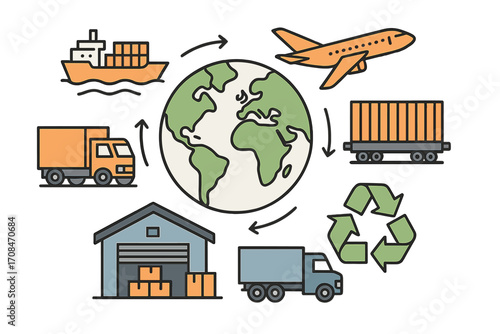 Vector illustration of global logistics and supply chain management. Concept for worldwide freight transportation, cargo shipping, distribution, warehousing, and recycling.
