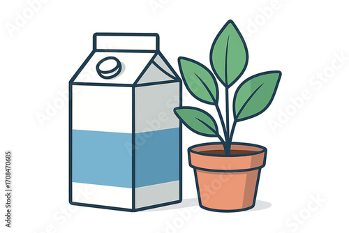 Plant-based milk concept vector. Oat milk, almond milk, soy milk. Vegan drink in carton package. Healthy lifestyle. Natural organic food. Potted plant and milk carton icon.