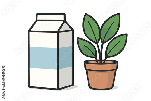 Milk carton and potted plant vector flat illustration. Healthy drink, dairy product concept. Houseplant in pot. Clean cartoon design for nutrition, breakfast, grocery icon.