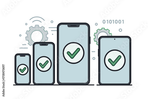 Smartphone synchronization success concept. Mobile devices with green check mark icon confirming connection. Data validation, network transfer approved and system update completed.