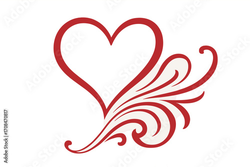 Elegant heart with decorative flourish. Romantic red love symbol icon. Stylized vector ornament for Valentine's Day, wedding. Minimalist swirl line art, filigree design element.