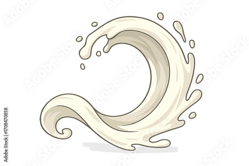 Milk splash and dairy wave swirl. White liquid, cream or yogurt flowing with droplets. Pouring drink vector illustration. Natural abstract background. Cartoon food icon.