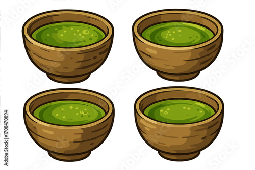 Matcha green tea in traditional Japanese bowls. Vector illustration set of wooden cups with vibrant green beverage for tea ceremony. Healthy antioxidant drink clipart isolated.