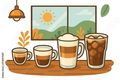 Coffee drink variety set vector illustration. Assortment of hot and cold beverages like espresso, latte, and iced coffee for a cafe menu. Morning coffee cartoon icons.