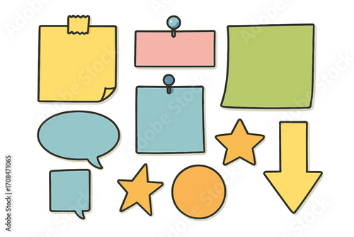 Variety of colorful sticky notes and paper shapes for reminders and messages, creative vector cartoon illustration with pinned, taped, and speech bubble notes transparent background